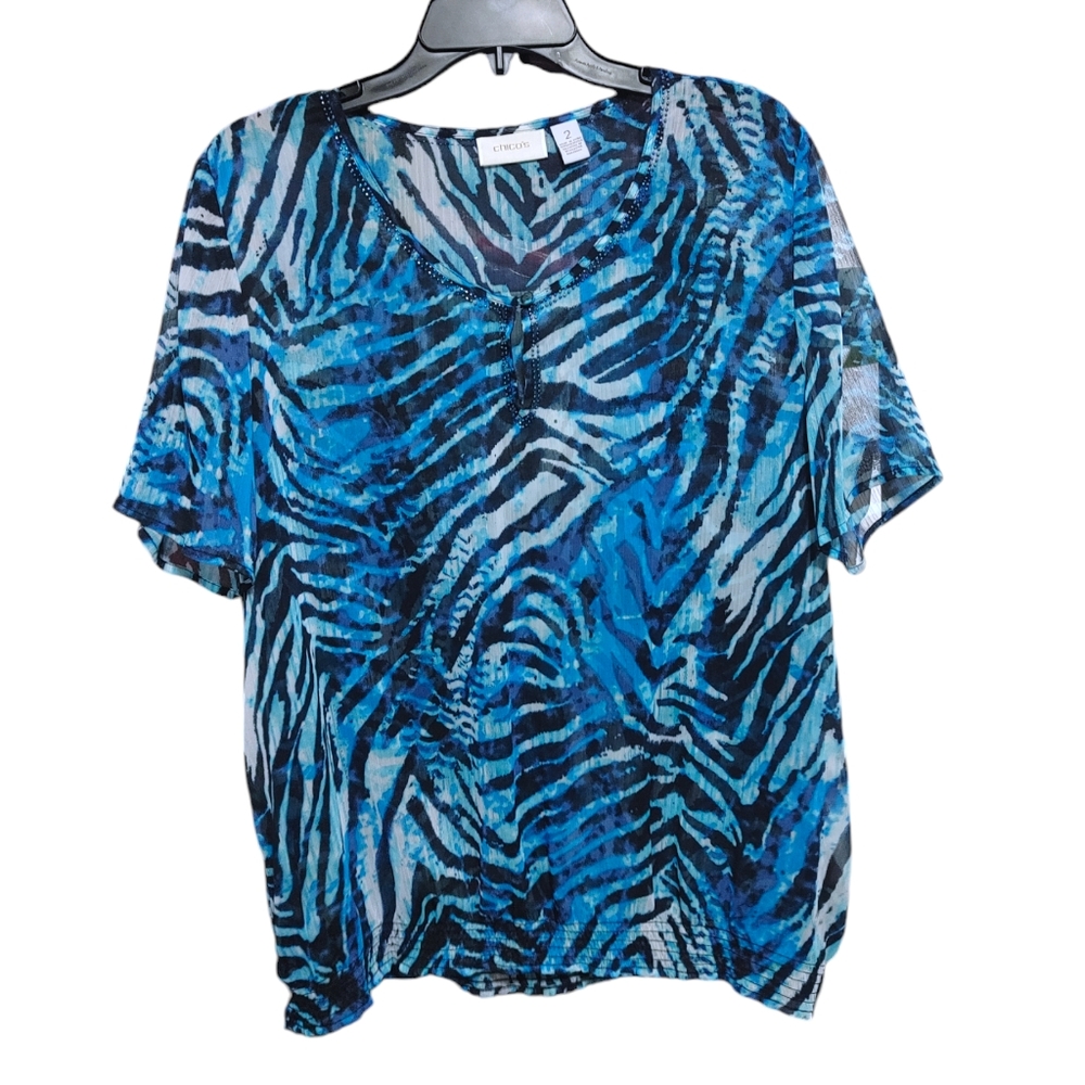 Chico's Blue Zebra Striped Sheer Shirt Sleeve Blouse Women's Size Large (2)